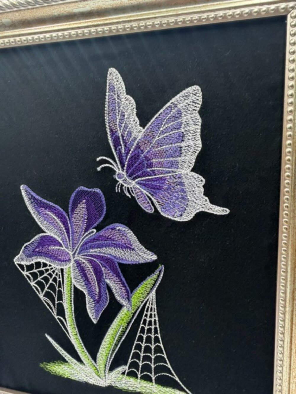 Homemade Purple & Green Butterfly & Flower 8X10 Framed Embroidery Art - Picture 2 of 6